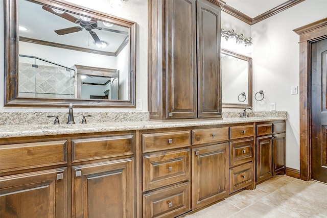 1023 Winding Creek Dr, Kennedale, TX 76060 - full bath featuring crown molding, double vanity, ceiling fan, and a shower