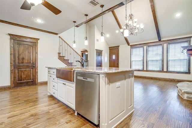 1023 Winding Creek Dr, Kennedale, TX 76060 - kitchen with stainless steel dishwasher, ceiling fan, beam ceiling, white cabinets, and light stone countertops