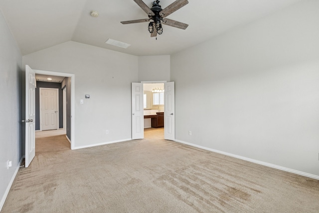 326 Blackhaw Dr, Fate, TX 75087 - unfurnished bedroom featuring lofted ceiling, light carpet, ensuite bathroom, and ceiling fan