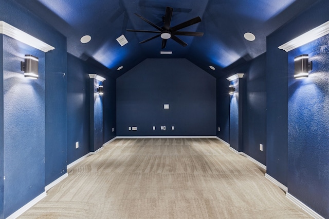 326 Blackhaw Dr, Fate, TX 75087 - home theater room with ceiling fan, carpet flooring, and lofted ceiling