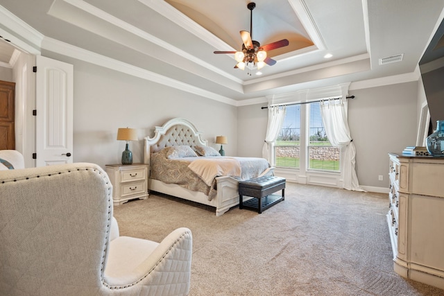 10107 Ravenswood Rd, Granbury, TX 76049 - bedroom with a raised ceiling, light colored carpet, ornamental molding, recessed lighting, and a ceiling fan