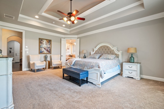 10107 Ravenswood Rd, Granbury, TX 76049 - bedroom featuring a raised ceiling, carpet flooring, ornamental molding, arched walkways, and recessed lighting