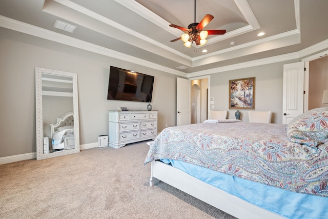 10107 Ravenswood Rd, Granbury, TX 76049 - bedroom featuring a tray ceiling, ornamental molding, carpet floors, recessed lighting, and a ceiling fan