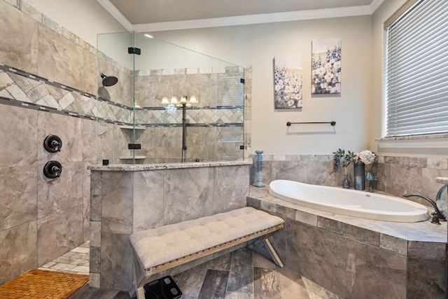 10107 Ravenswood Rd, Granbury, TX 76049 - bathroom with a garden tub, crown molding, and tiled shower