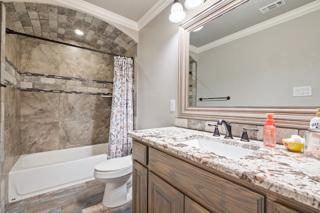 10107 Ravenswood Rd, Granbury, TX 76049 - bathroom featuring ornamental molding, vanity, shower / bath combination with curtain, and wood finished floors