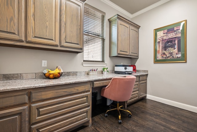 10107 Ravenswood Rd, Granbury, TX 76049 - office area featuring built in study area, dark wood-style floors, and crown molding