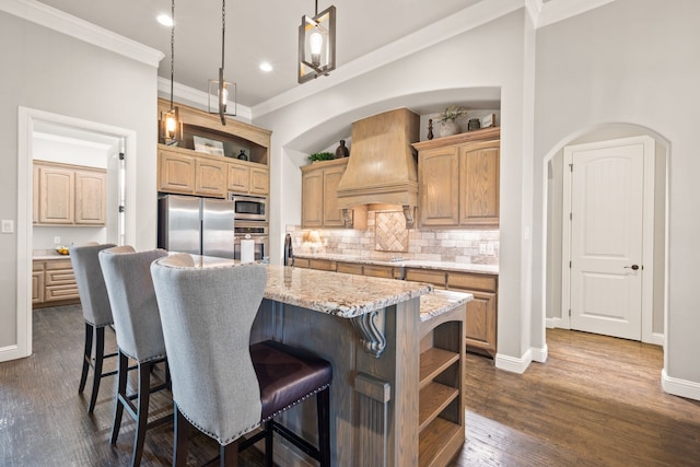 10107 Ravenswood Rd, Granbury, TX 76049 - kitchen featuring open shelves, appliances with stainless steel finishes, custom range hood, dark wood-style flooring, and tasteful backsplash