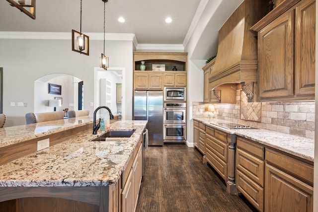 10107 Ravenswood Rd, Granbury, TX 76049 - kitchen with appliances with stainless steel finishes, arched walkways, open shelves, backsplash, and dark wood finished floors