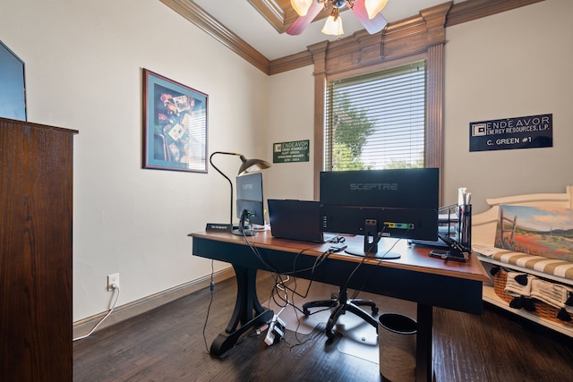 10107 Ravenswood Rd, Granbury, TX 76049 - office with ornamental molding, wood finished floors, and ceiling fan