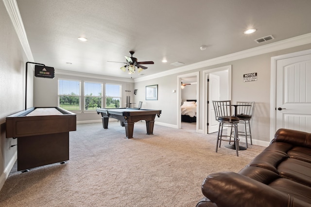 10107 Ravenswood Rd, Granbury, TX 76049 - rec room with billiards table, ornamental molding, carpet floors, ceiling fan, and recessed lighting