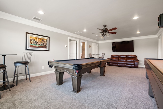 10107 Ravenswood Rd, Granbury, TX 76049 - rec room with pool table, crown molding, light colored carpet, recessed lighting, and a ceiling fan