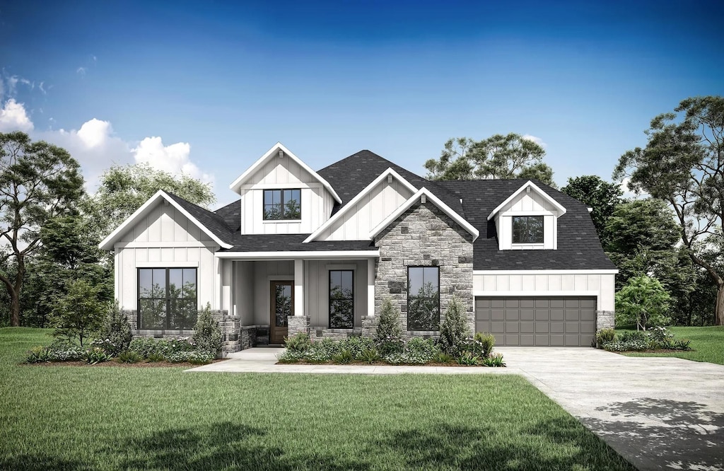 2617 Rose, Trophy Club, TX 76262 - view of front of home with stone siding, board and batten siding, a front lawn, concrete driveway, and an attached garage