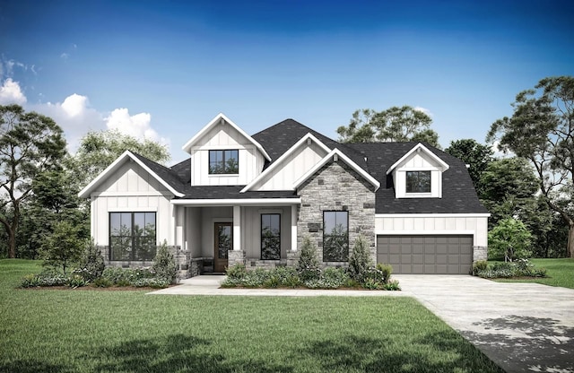 2617 Rose, Trophy Club, TX 76262 - view of front of home with stone siding, board and batten siding, a front lawn, concrete driveway, and an attached garage