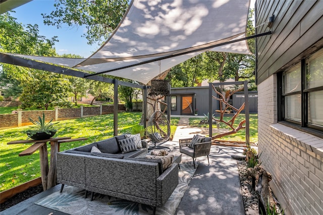 3449 W T Parr Rd W, Grapevine, TX 76051 - fenced backyard featuring an outdoor hangout area, a patio, and a storage shed