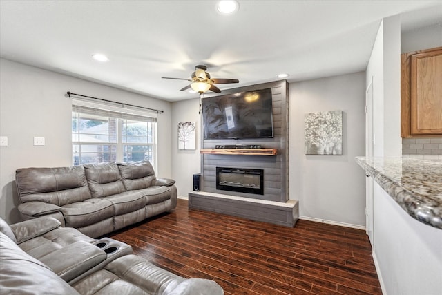 2124 Franks St, Fort Worth, TX 76177 - living area with a ceiling fan, recessed lighting, dark wood-style floors, and a fireplace