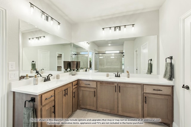 2301 Christopher Rd, Mansfield, TX 76063 - bathroom featuring a stall shower, double vanity, and tile patterned flooring