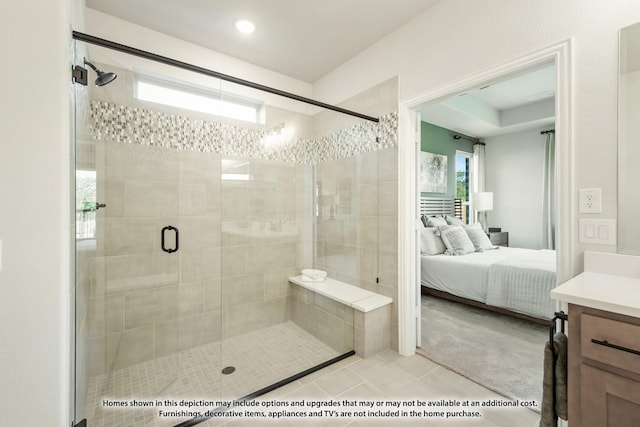 2301 Christopher Rd, Mansfield, TX 76063 - ensuite bathroom with a shower stall, tile patterned flooring, and vanity