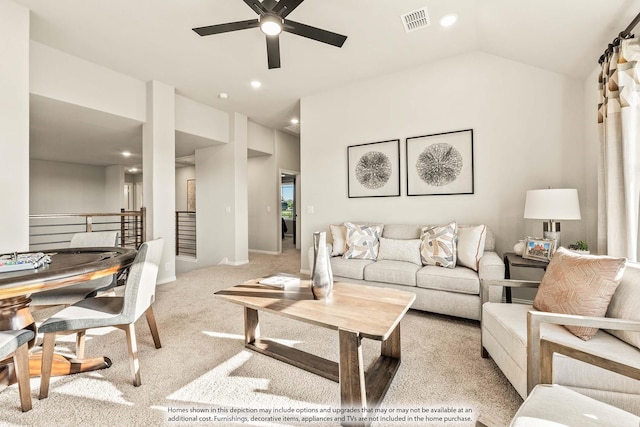 2301 Christopher Rd, Mansfield, TX 76063 - living room featuring ceiling fan, light carpet, lofted ceiling, and recessed lighting