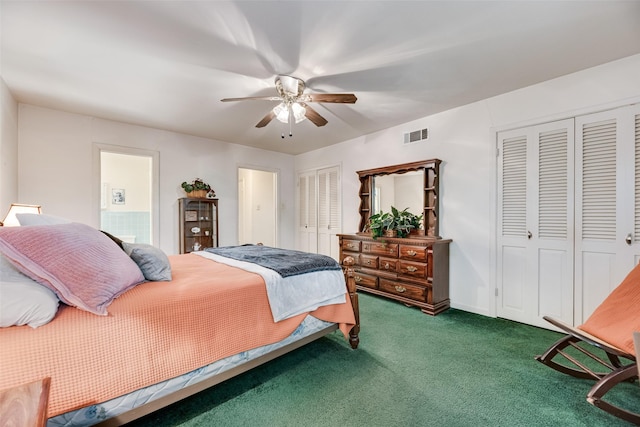 1719 W Day St, Denison, TX 75020 - bedroom featuring carpet floors, two closets, and a ceiling fan