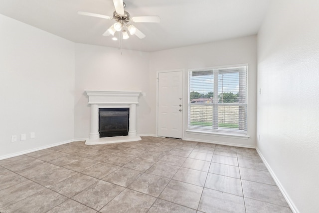 5901 Ozark Dr, Fort Worth, TX 76131 - unfurnished living room featuring tile patterned flooring, a glass covered fireplace, and ceiling fan