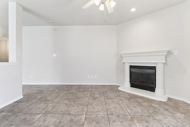 5901 Ozark Dr, Fort Worth, TX 76131 - unfurnished living room featuring a ceiling fan, a fireplace with raised hearth, tile patterned floors, and recessed lighting