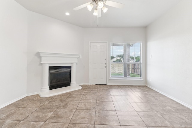 5901 Ozark Dr, Fort Worth, TX 76131 - unfurnished living room featuring ceiling fan, tile patterned floors, and a glass covered fireplace