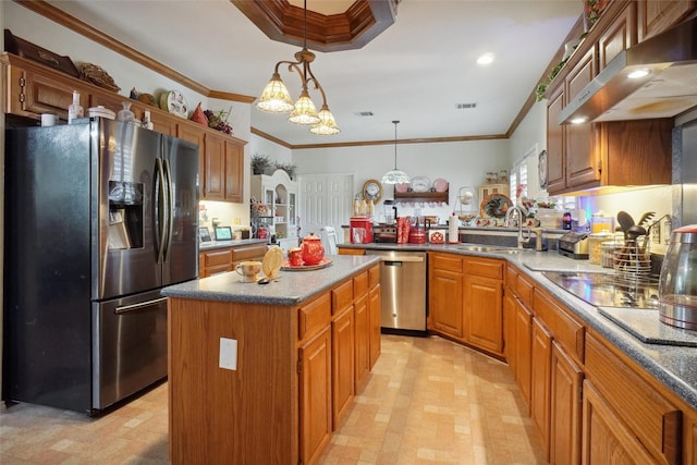 2031 Deepwood St, Mesquite, TX 75181 - kitchen with fridge with ice dispenser, stainless steel dishwasher, ventilation hood, a kitchen island, and hanging light fixtures