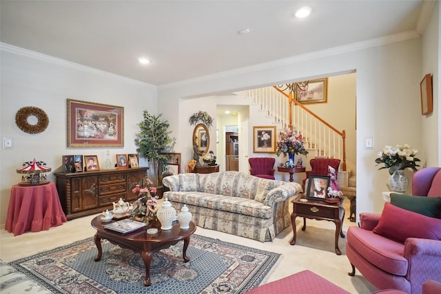 2031 Deepwood St, Mesquite, TX 75181 - living room with carpet flooring, stairway, ornamental molding, a chandelier, and recessed lighting