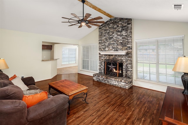 5723 Sachse St, Sachse, TX 75048 - living area with a ceiling fan, a fireplace, wood finished floors, and high vaulted ceiling