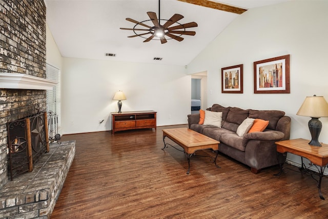5723 Sachse St, Sachse, TX 75048 - living room with ceiling fan, wood finished floors, high vaulted ceiling, a fireplace, and beamed ceiling
