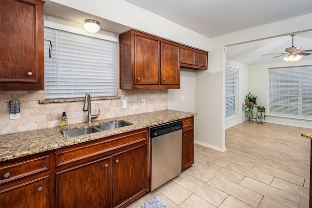 5723 Sachse St, Sachse, TX 75048 - kitchen featuring dishwasher, tasteful backsplash, ceiling fan, light stone countertops, and light tile patterned floors