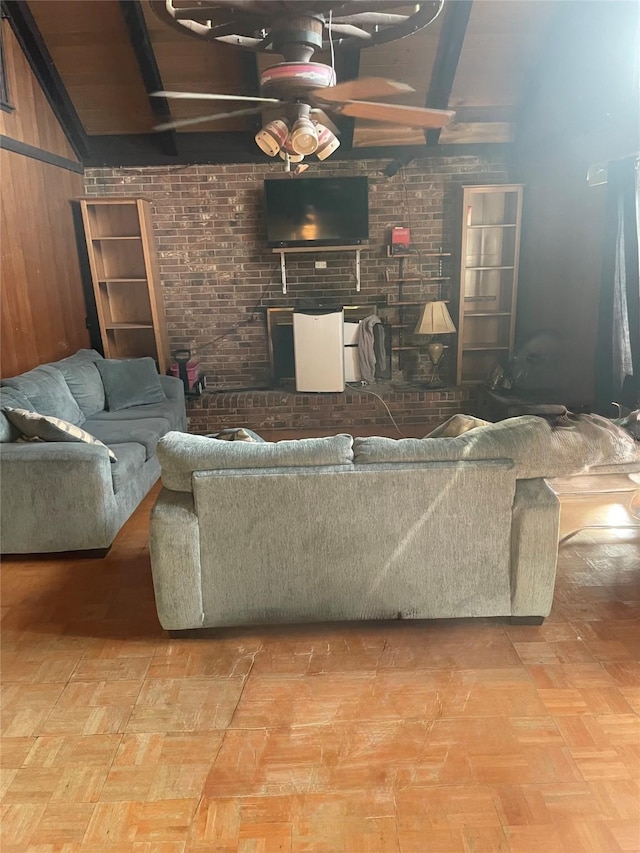 2810 N Mountain View Rd, Granbury, TX 76048 - living area featuring ceiling fan and brick wall