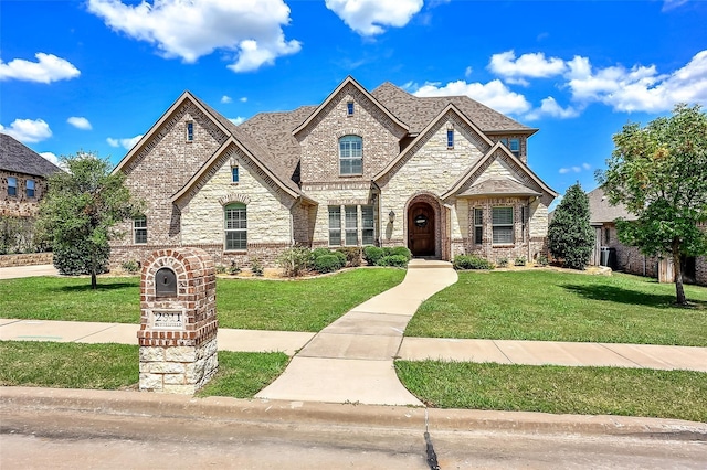 2911 Butterfield Trl, Sherman, TX 75092 - french country style house with stone siding, a front lawn, and brick siding