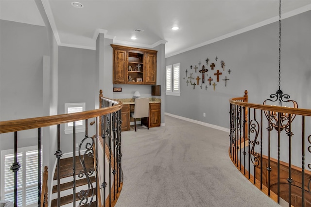2911 Butterfield Trl, Sherman, TX 75092 - corridor with an upstairs landing, ornamental molding, light carpet, and recessed lighting