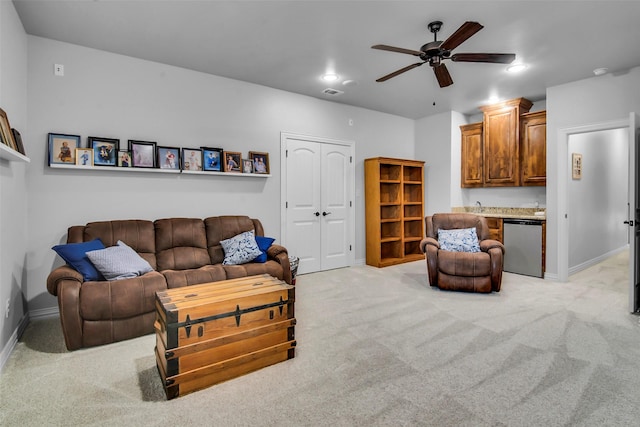 2911 Butterfield Trl, Sherman, TX 75092 - living area featuring light carpet, ceiling fan, and recessed lighting