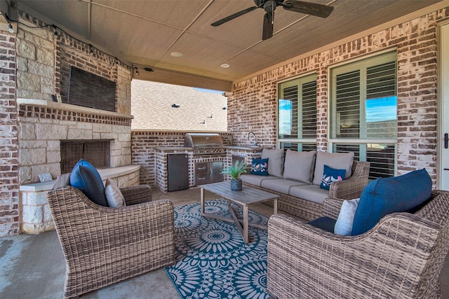 2911 Butterfield Trl, Sherman, TX 75092 - view of patio / terrace with an outdoor kitchen, an outdoor living space with a fireplace, and a ceiling fan
