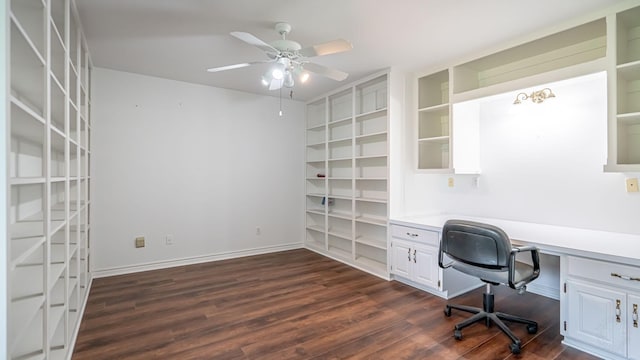 111 Scenic Dr, Dublin, TX 76446 - unfurnished office with built in desk, a ceiling fan, and dark wood finished floors