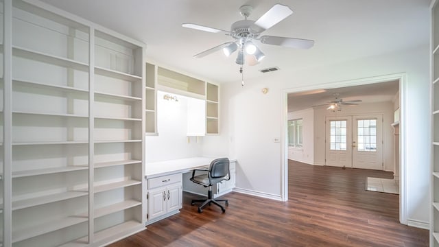 111 Scenic Dr, Dublin, TX 76446 - office space featuring a ceiling fan, dark wood-type flooring, and built in desk