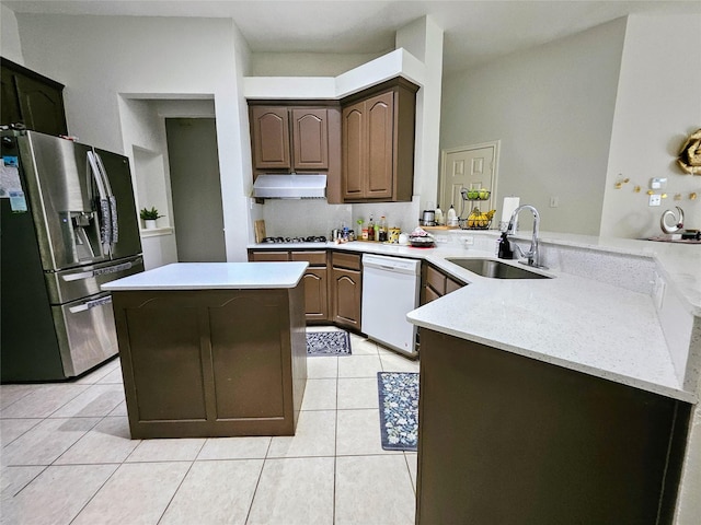 1412 Meadow Dr, Irving, TX 75063 - kitchen with stainless steel fridge with ice dispenser, white dishwasher, extractor fan, a peninsula, and light tile patterned flooring