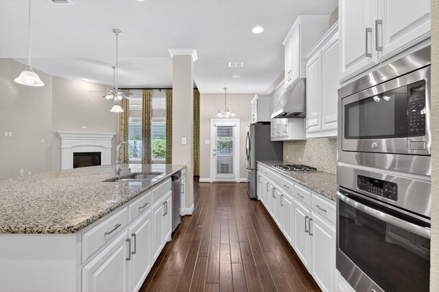 421 Fenceline Dr, Argyle, TX 76226 - kitchen with appliances with stainless steel finishes, under cabinet range hood, white cabinets, a kitchen island with sink, and decorative backsplash