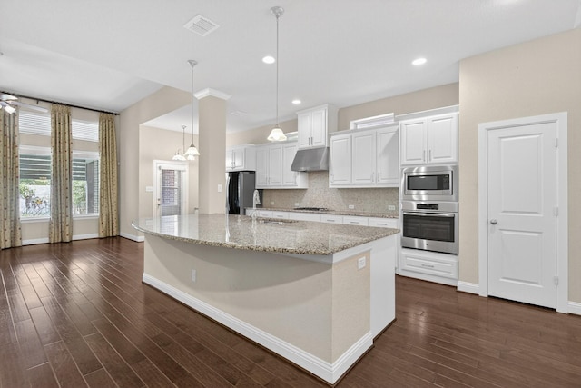 421 Fenceline Dr, Argyle, TX 76226 - kitchen featuring appliances with stainless steel finishes, under cabinet range hood, white cabinets, dark wood-style flooring, and recessed lighting