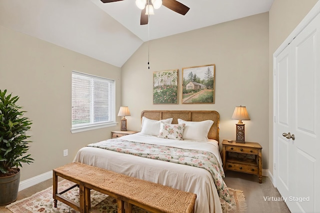 421 Fenceline Dr, Argyle, TX 76226 - bedroom with vaulted ceiling, a ceiling fan, and light carpet