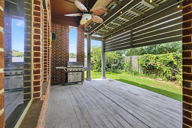 421 Fenceline Dr, Argyle, TX 76226 - wooden deck with grilling area and ceiling fan