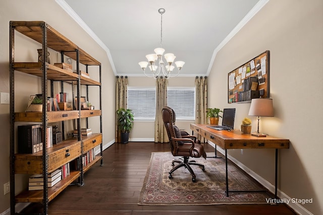 421 Fenceline Dr, Argyle, TX 76226 - office area with crown molding, a chandelier, hardwood / wood-style flooring, and lofted ceiling