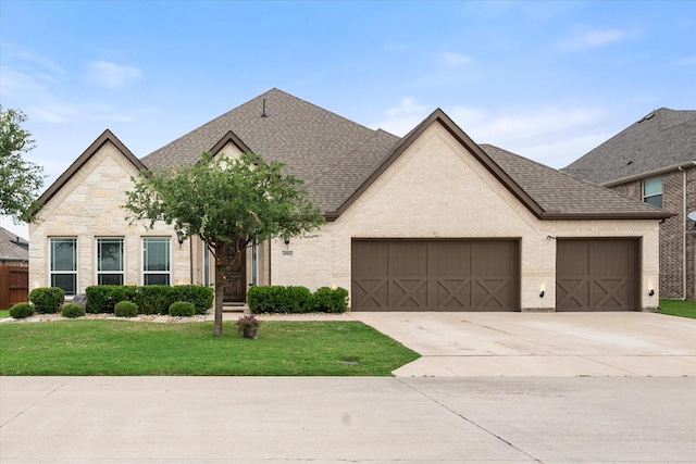 4901 Georgiana Ln, Mansfield, TX 76063 - french country inspired facade featuring a garage, driveway, a front yard, and a shingled roof