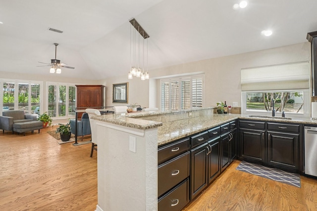 5229 Brettenmeadow Dr, Grapevine, TX 76051 - kitchen featuring light wood-style flooring, light stone counters, vaulted ceiling, a ceiling fan, and open floor plan