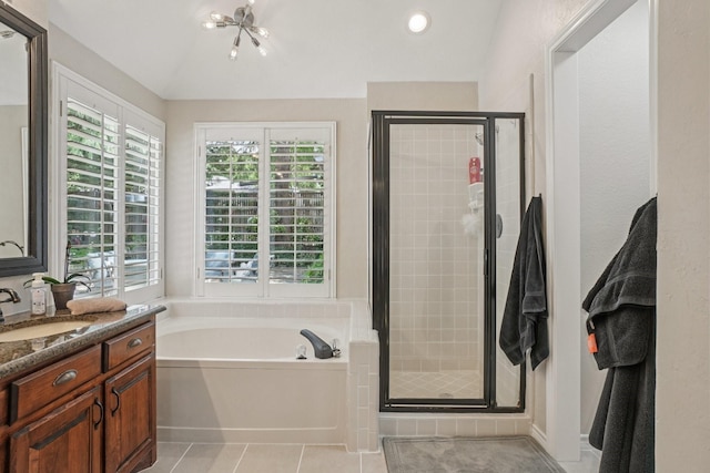 5229 Brettenmeadow Dr, Grapevine, TX 76051 - bathroom featuring a garden tub, vanity, a stall shower, and tile patterned flooring