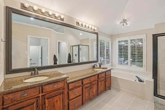 5229 Brettenmeadow Dr, Grapevine, TX 76051 - full bathroom featuring a shower stall, lofted ceiling, a garden tub, double vanity, and tile patterned floors