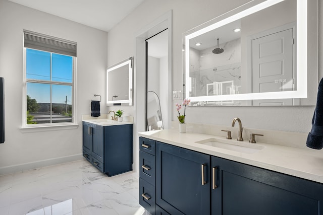 5495 Ashby Grove St, Dallas, TX 75209 - bathroom featuring marble finish flooring, two vanities, and a marble finish shower