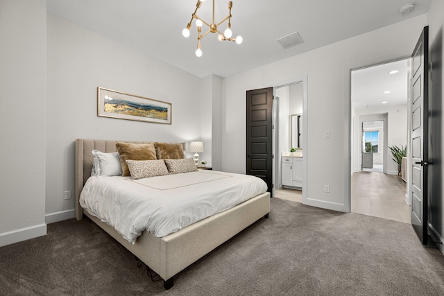 5495 Ashby Grove St, Dallas, TX 75209 - bedroom featuring carpet, a chandelier, and connected bathroom